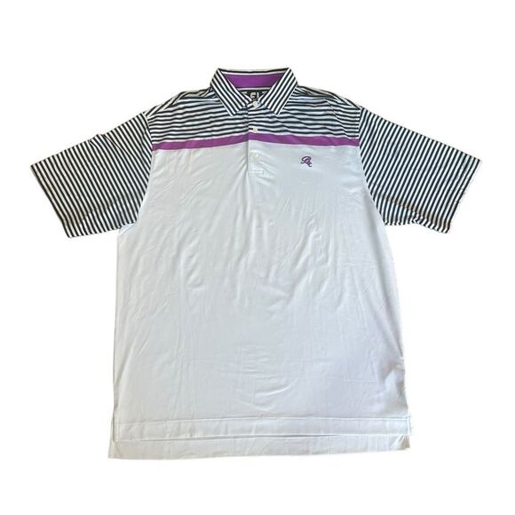 FootJoy Golf Polo Shirt Mens XL White Blue Purple Striped BCC Logo - Picture 1 of 10
